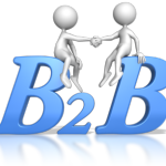 2 stick figures shaking hands while sitting on the big blue letters "B2B "