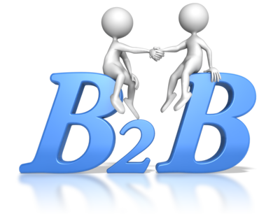 2 stick figures shaking hands while sitting on the big blue letters "B2B " life long learning