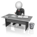 business figure working on training presentation at a desk with wastebasket full