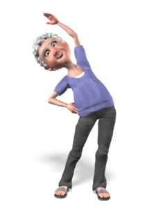 figure of gray-haired woman stretching her torso with hand on hip and other arm in the air bending to he right