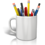 cup with pens and pencils