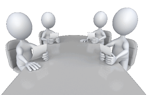 figures talking as they sit around a conference table.