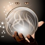 clairvoyant. woman looking into crystal ball on dark background