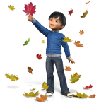 boy in blue sweater playing in Fall leaves