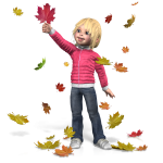girl in pink sweater and jeans playing with Fall leaves 