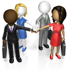 business team of men and women in a circle, touching hands in the center