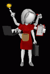 business woman in red dress has many arms full of coffee, notes, briefcase, and more as she is multi-taksing GIF