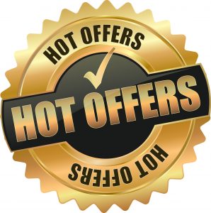 golden shiny vintage hot offers 3D vector icon seal sign button shield star, saying "Hot Offers," with checkmark