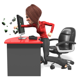 business woman standing up and punching computer screen