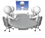 Figures seated at a round table watching a speaker on a screen talking about uploading video on Vimeo vs YouTube