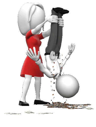 figure of woman in red dress shaking upside down figure to get change out of his pockets