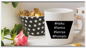 gold wrapped chocolates, a pink rose, and a coffee cup with the words#Haiku #Trantra #Senrya #prompts