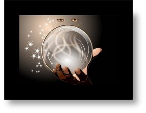 eyes looking at a crystal ball in a hand, surrounded by a dark background and stars (orbs)