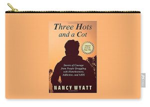 Nancy Wyatt's book cover, Three Hots and a Cot, on a zip carry pouch