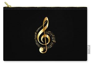 Gold treble clef and musical notes on a black background zip carry pouch