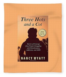 Nancy's book cover, Three Hots and a Cot, on a fleece blanket - horizontal or vertical image