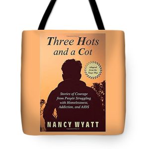 Nancy's book cover, Three Hots and a Cot, on a tote bag for #vss365