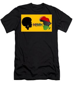 Image of Africa and silhouette of Black woman w caption "Black History Month" for #vss365 on men's black t-shirt