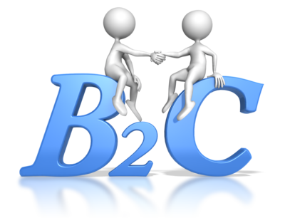 2 figures sitting on big blue letters "B2C" and shaking hands. Symbolic of Business 2 Customer interactions and life long learning