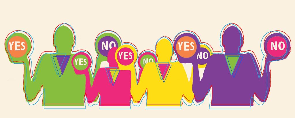 colorful illustration of a bunch of confused people with bubbles saying "yes" and "no"