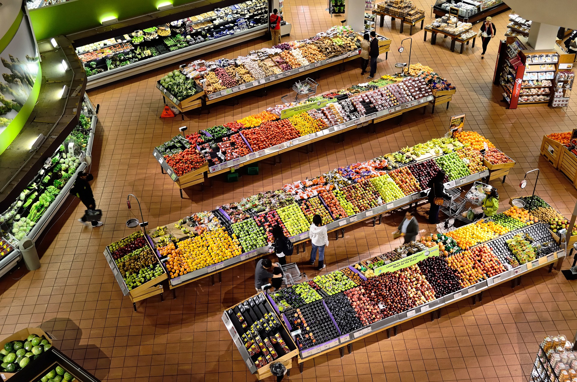 indoor aerial shot at grocery story aisles by ElasticComputeFarm for poem about shopping at a mega grocery store