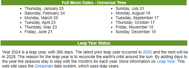 Calendar of Full Moons and mention of Leap Year in 2024