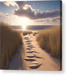 Picture of a sandy path to the beach, flanked by tall beach grasses and a view of the ocean, sky, and clouds ahead. Nancy's Novelty Pixels Photos #AI