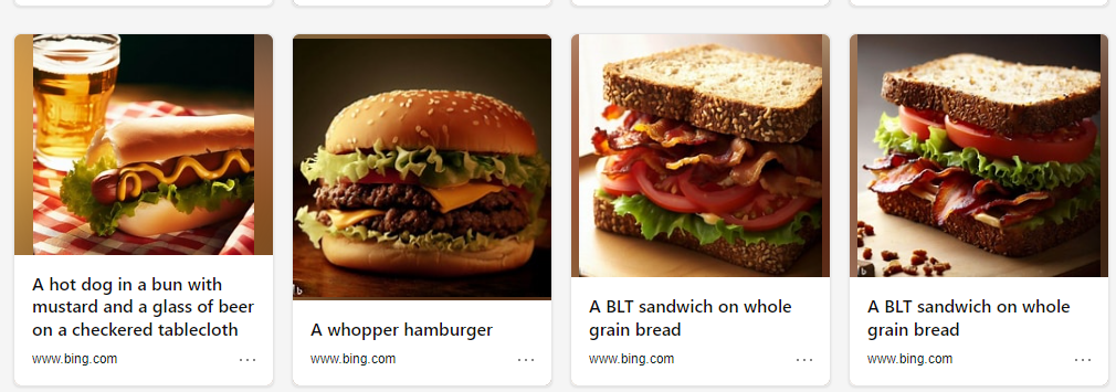 AI by NW Bing - food samples - Whopper, BLT, and beer