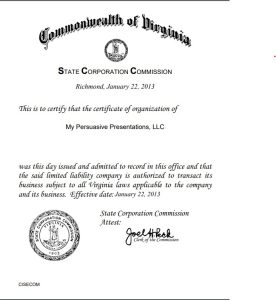 State Corporation Commission certificate of founding of My Persuasive Presentations, LLC in January 2013
