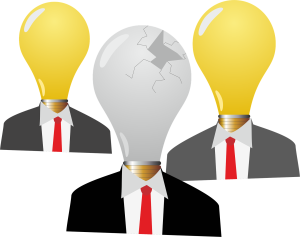 image of business people with a team of two with yellow lightbulb heads and one in front with a broken lightbulb head