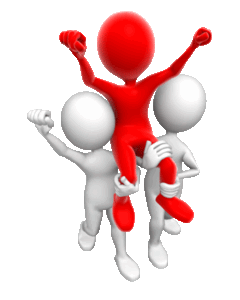2 white "bubblehead" figures holding 1 red figure up in celebration for successful blogs